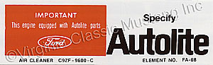 69 250 AUTOLITE REPLACEMENT PARTS DECAL