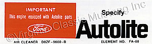 69-70 250 AUTOLITE AIR CLEANER REPLACEMENT PARTS DECAL