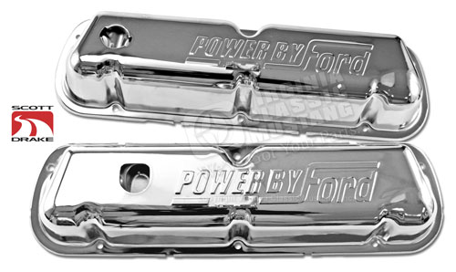 1968-72 EXACT CHROME VALVE COVERS-PAIR STAMPED WITH POWER BY FORD-FIT 302, 351W