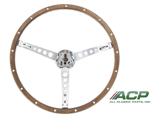 65-66 SIMULATED WOODGRAIN STEERING WHEEL COMPLETE WITH HORN RING, SPACER COLLAR AND CONTACT PLATES (NO CAP)