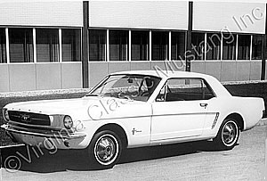12 X 18 BLACK AND WHITE FACTORY PHOTO-HEAVY WEIGHT, HIGH GLOSS PAPER- OF 1965 MUSTANG COUPE