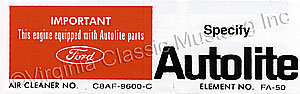 68 289,302 AUTOLITE REPLACEMENT PARTS DECAL