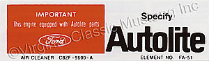 68-69 200 AUTOLITE REPLACEMENT PARTS AIR CLEANER DECAL