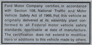 68-69 TRUNK EMISSION CERTIFICATION DECAL *CONCOURS*