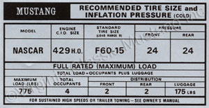69-70 BOSS 429 TIRE PRESSURE DECAL *CONCOURS*