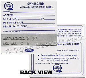 OWNERCARD-SHIP FROM MANUFACTURER *SPECIFY ALL INFO FOR STAMPING* *****NOTE--NOT AVAILABLE FOR 64.5 OR 65***