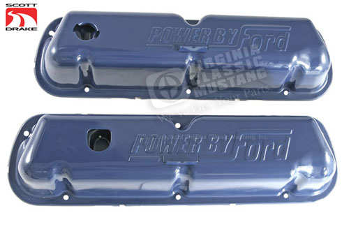 1968-72 EXACT BLUE VALVE COVERS-PAIR STAMPED WITH POWER BY FORD-FIT 302, 351W