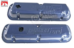 1968-72 EXACT BLUE VALVE COVERS-PAIR STAMPED WITH POWER BY FORD-FIT 302, 351W