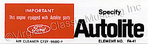 67-68 390 AUTOLITE AIR CLEANER REPLACEMENT PARTS DECAL